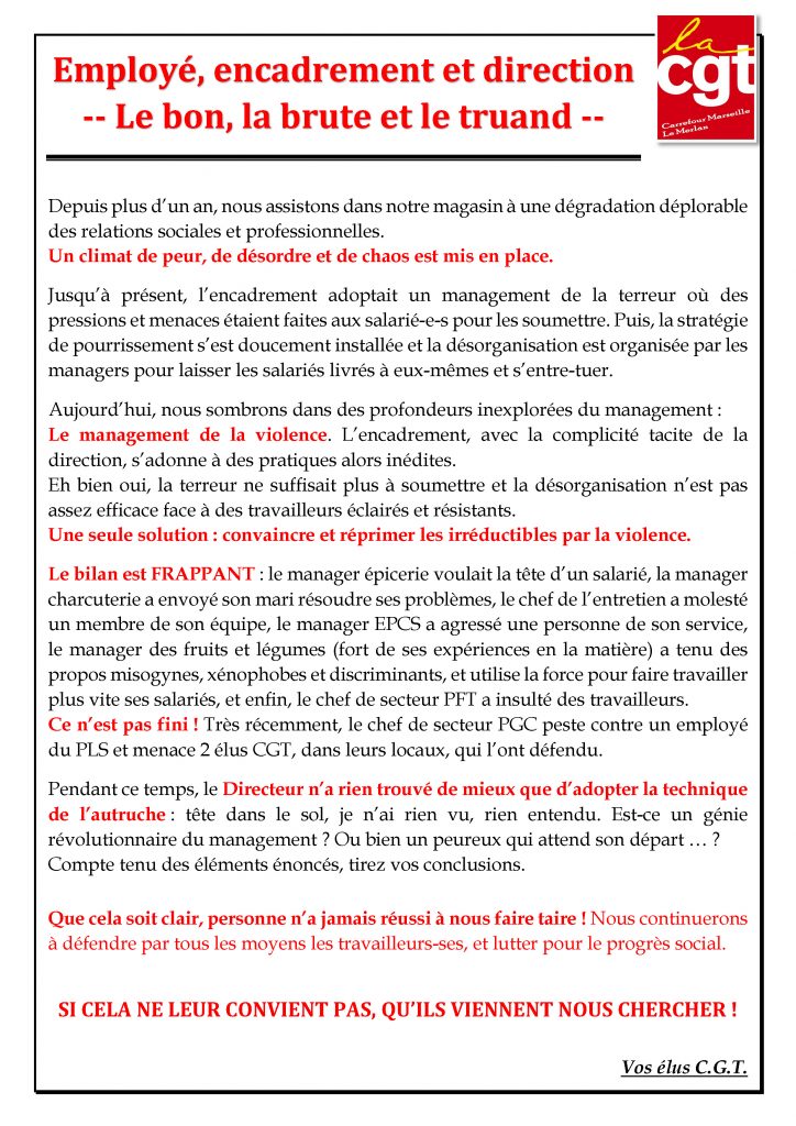 Texte sur les violences de l'encadrement et de la direction envers les salariés